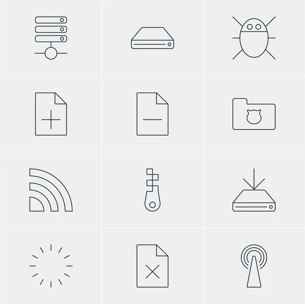 Ilustración vectorial de 12 iconos de Internet. Paquete editable de disco duro, eliminar datos, sujetador y otros elementos . — Vector de stock