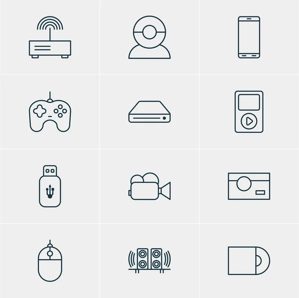 Vektorillustration av 12 hårdvara ikoner. Redigerbara Pack av videokamera, Media Controller, högtalare och andra element. — Stock vektor