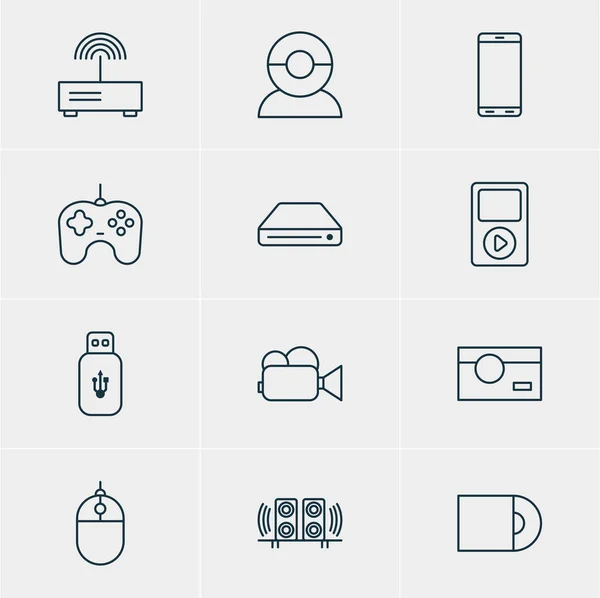 Vektorillustration von 12 Hardware-Icons. editierbares Set aus Camcorder, Media Controller, Lautsprecher und anderen Elementen. — Stockvektor