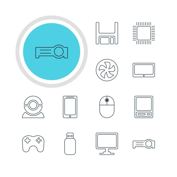 Illustration vectorielle de 12 icônes d'ordinateur portable. Pack modifiable de manette de jeu, Smartphone, disquette et autres éléments . — Image vectorielle
