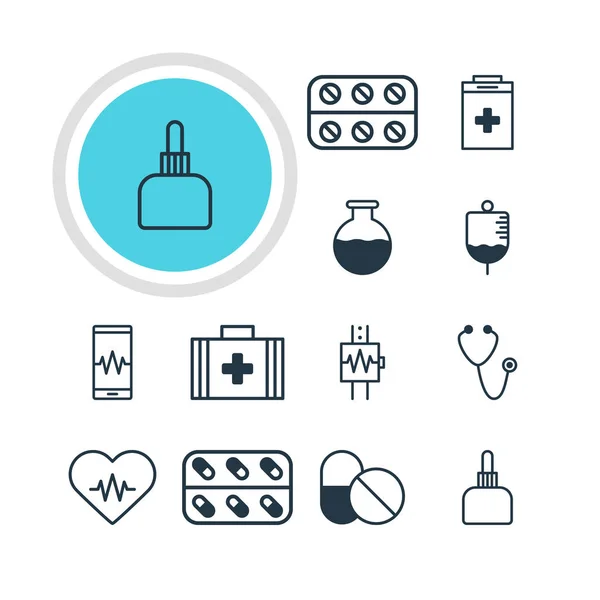 Ilustración vectorial de 12 iconos de la medicina. Paquete editable de frasco, bolsa médica, monitor de teléfono y otros elementos . — Vector de stock