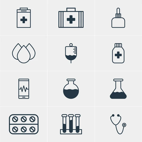 Vectorillustratie van 12 gezondheid pictogrammen. Bewerkbare Pack van medische tas, flacon, antilichaam en andere elementen. — Stockvector