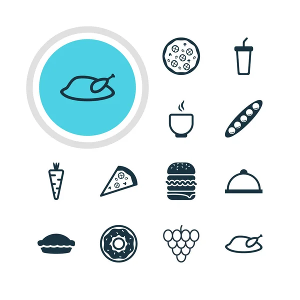 Ilustración vectorial de 12 iconos de la comida. Paquete editable de emparedado, pastel, elementos de la parrilla . — Archivo Imágenes Vectoriales