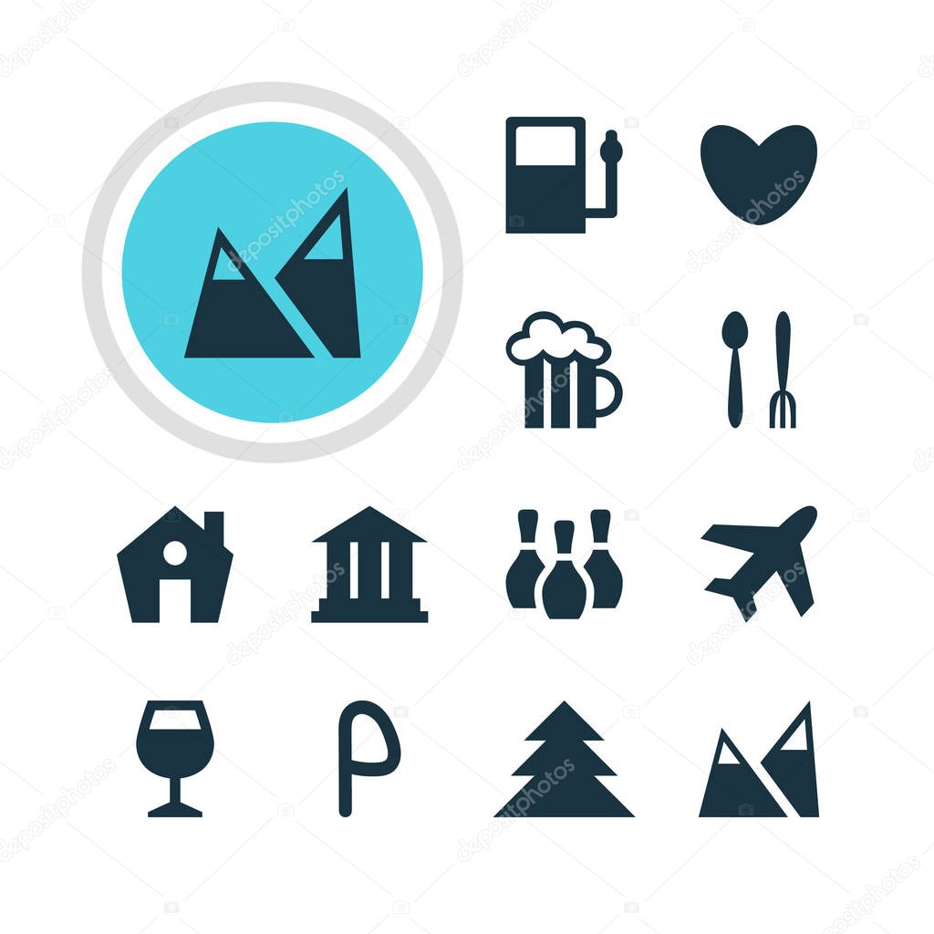 Vector Illustration Of 12 Map Icons. Editable Pack Of Car Park, Wineglass, University And Other Elements.