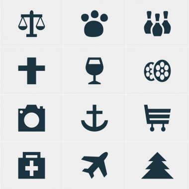 12 yerde simgeler vektör Illustration. Çapraz, uçak, fotoğraf aygıt ve diğer öğeleri düzenlenebilir sürüsü.