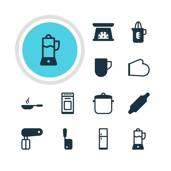 Ilustración vectorial de 12 iconos de cocina. Paquete editable de sartén, sartén, taza de té y otros elementos . — Archivo Imágenes Vectoriales