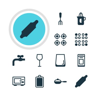 12 Restoran simgeler vektör Illustration. Tencere, çatal, ekmek rulo ve diğer öğeleri düzenlenebilir paketi.
