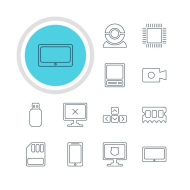 12 bilgisayar simgeler vektör Illustration. Örümcek ağı fotoğraf makinesi, mikroişlemci, film Cam ve diğer öğeleri düzenlenebilir paketi.