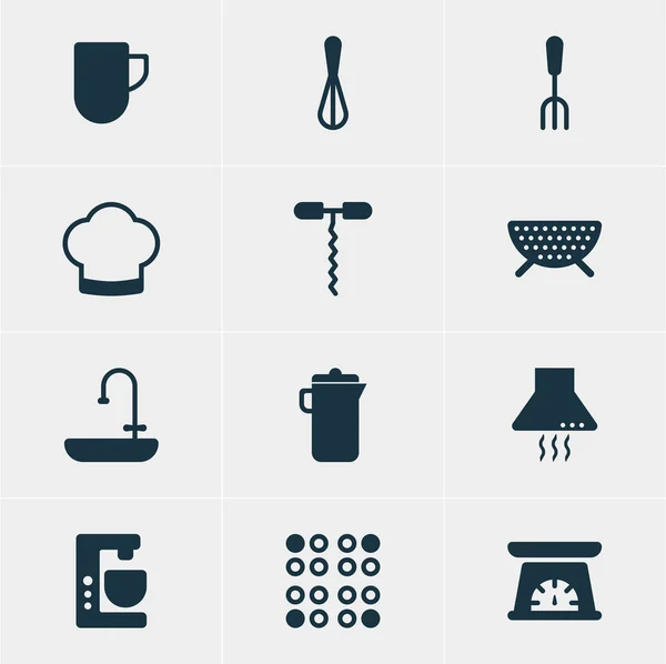 Illustration vectorielle de 12 icônes de restaurant. Pack modifiable de lavabo, mélangeur, éléments de tamis . — Image vectorielle