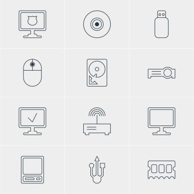 12 Laptop simgeler vektör Illustration. Ekran, yönlendirici, Pda ve diğer öğeleri düzenlenebilir paketi.