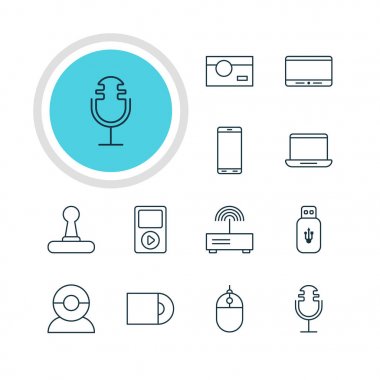 12 Aksesuar simgeler vektör Illustration. Medya düzenlenebilir Pack denetleyicisi, bilgisayar, imleç denetleyicisi ve diğer öğeleri.