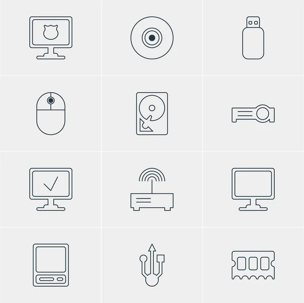 Illustration vectorielle de 12 icônes d'ordinateur portable. Pack modifiable d'écran, de routeur, de da et d'autres éléments . — Image vectorielle