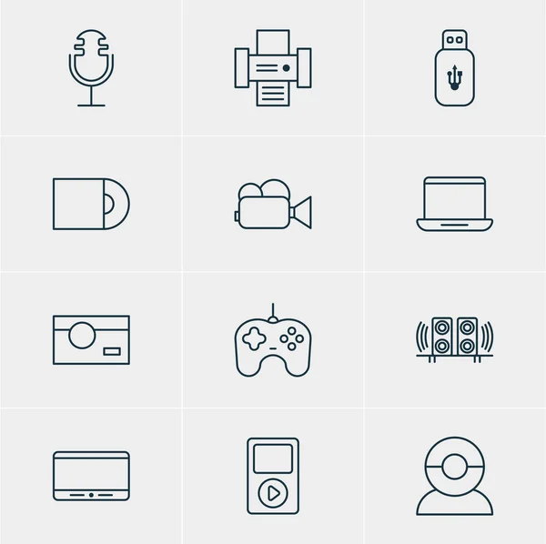 Ilustración vectorial de 12 iconos accesorios. Paquete editable de videocámara, computadora, video chat y otros elementos . — Archivo Imágenes Vectoriales