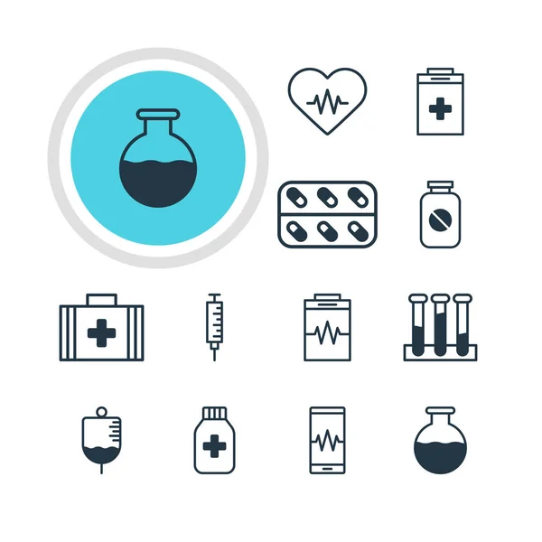 Vektorové ilustrace 12 lékařské ikon. Upravitelné Pack lékařskou brašnu, lahvičky, srdeční rytmus a dalších prvků. — Stockový vektor