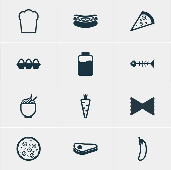 Ilustración vectorial de 12 iconos de la comida. Paquete editable de verduras, bistec, contenedor de huevo y otros elementos . — Archivo Imágenes Vectoriales