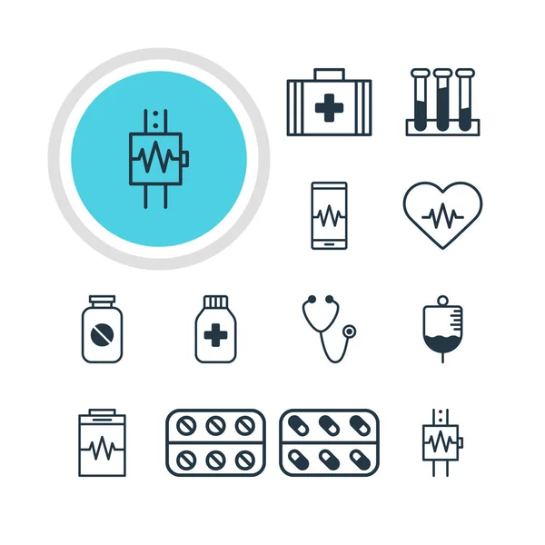 Ilustracja wektorowa 12 ikon medycyny. Edytowalne Pack Pulse, torba medyczna, eksperyment kolby i inne elementy. — Wektor stockowy