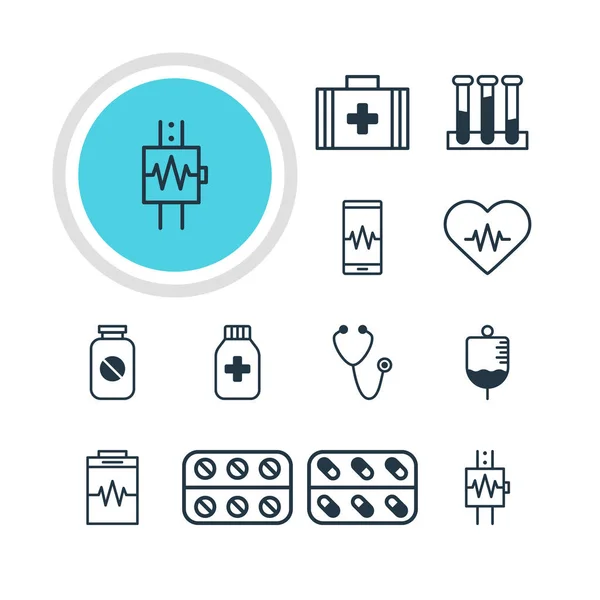 Ilustración vectorial de 12 iconos de la medicina. Paquete editable del pulso, bolso médico, matraz del experimento y otros elementos . — Archivo Imágenes Vectoriales