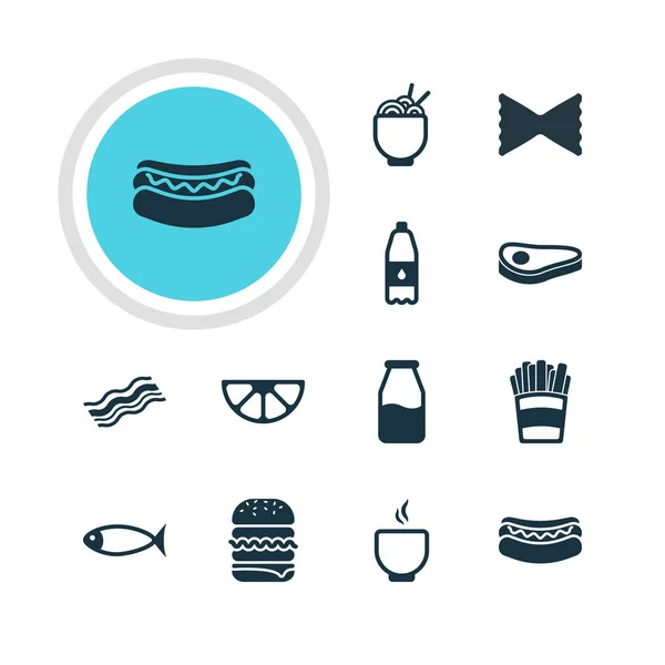 Ilustración vectorial de 12 iconos de la alimentación. Paquete editable de tazón, botella de la bebida, bistec y otros elementos . — Archivo Imágenes Vectoriales