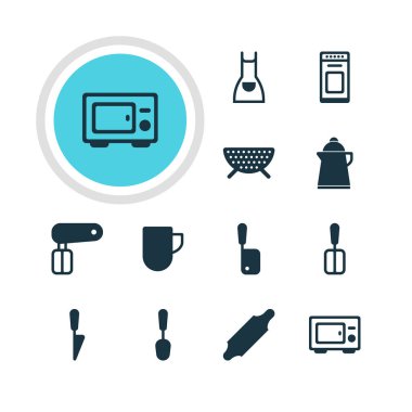 12 Restoran simgeler vektör Illustration. Önlük, Spade, fırın ve diğer öğeleri pişirme düzenlenebilir sürüsü.