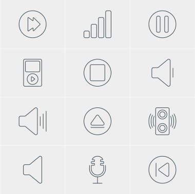 12 müzik simgeler vektör Illustration. Akustik, geri sarma, hoparlör ve diğer öğeleri düzenlenebilir sürüsü.