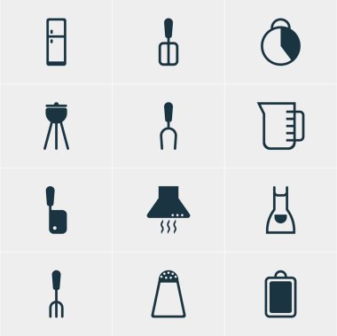 12 mutfak eşyaları simgeler vektör Illustration. Biber konteyner, Barbekü, çatal ve diğer öğeleri düzenlenebilir paketi.