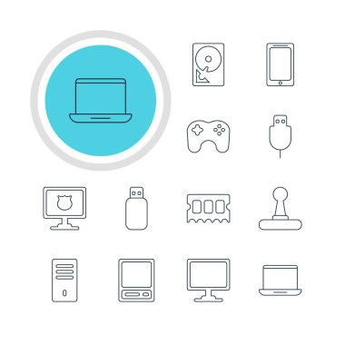 12 defter simgeler vektör Illustration. Düzenlenebilir paket birden parlamak götürmek, bellek çipi, Gamepad ve diğer öğeleri.