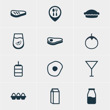 12 çanak simgeler vektör Illustration. Sığır eti, Cruet, yumurta konteyner ve diğer öğeleri düzenlenebilir paketi.