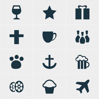 12 yerde simgeler vektör Illustration. Düzenlenebilir Pack bir hediye, evde beslenen hayvan dükkanı, haç ve diğer öğeleri.