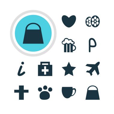 12 seyahat simgeler vektör Illustration. El çantası, Kahve Dükkanı, Film öğeleri düzenlenebilir paketi.