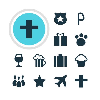 12 harita simgeler vektör Illustration. Bardağı, cips, yer imi ve diğer öğeleri düzenlenebilir paketi.