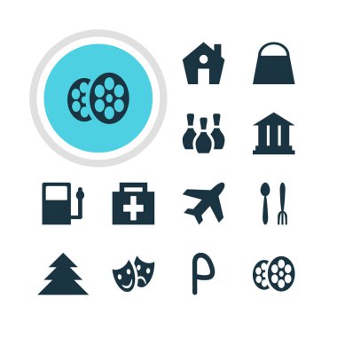 12 seyahat simgeler vektör Illustration. Orman, Cafe, el çantası öğeleri düzenlenebilir paketi.