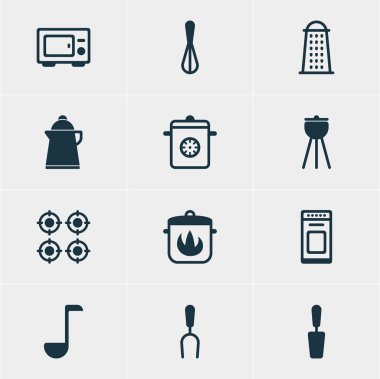 12 pişirme simgeler vektör Illustration. Çorba kaşığı, fırın, vapur ve diğer öğeleri düzenlenebilir sürüsü.