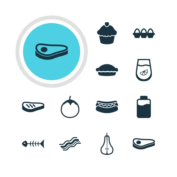 Ilustración vectorial de 12 iconos de la comida. Paquete editable de bistec, flan, jamón y otros elementos . — Archivo Imágenes Vectoriales