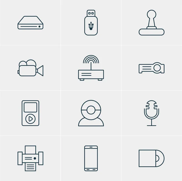 Vektorové ilustrace 12 ikon, technologie. Upravitelné Pack světlomet, videokamera, Smartphone a další prvky. — Stockový vektor