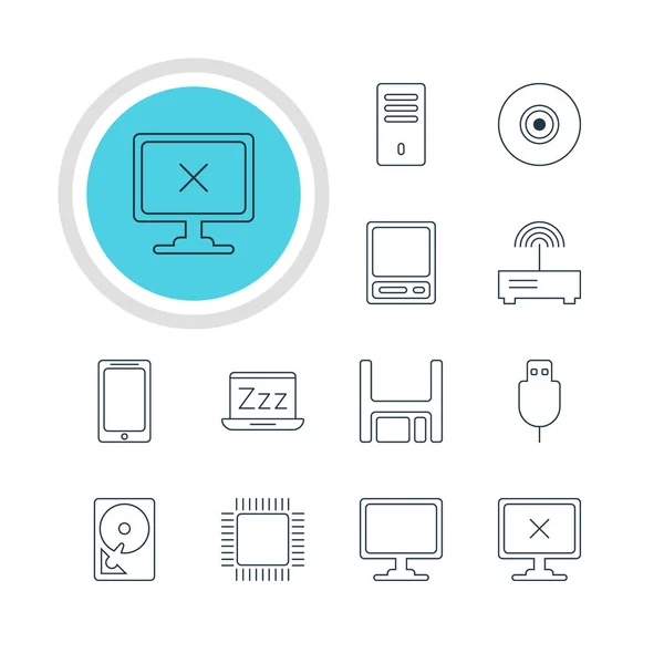 Illustration vectorielle de 12 icônes informatiques. Pack modifiable de bus série, disque dur, écran et autres éléments . — Image vectorielle