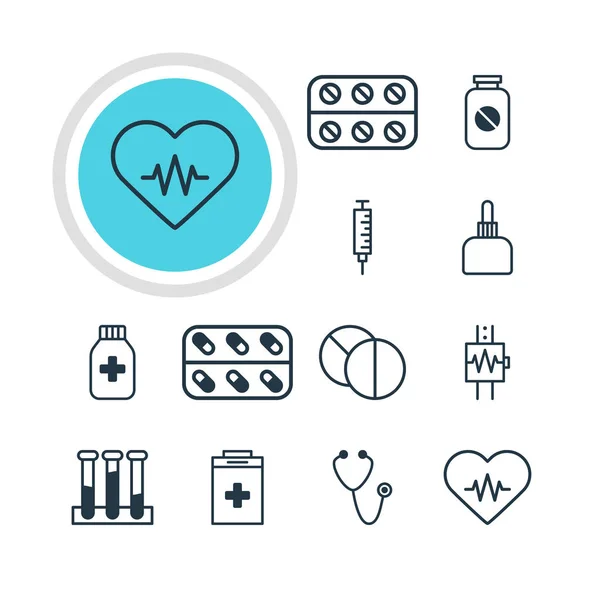 Vektorové ilustrace 12 lékařské ikon. Upravitelné balení pilulek, srdeční rytmus, impuls a dalších prvků. — Stockový vektor
