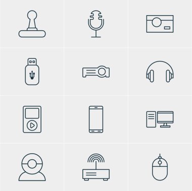12 donanım simgeler vektör Illustration. Ortam denetleyicisi, imleç denetleyicisi, ses kayıt ve diğer öğeleri düzenlenebilir paketi.