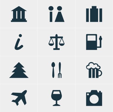 12 seyahat simgeler vektör Illustration. Bardağı, Cafe, yakıt ikmali, düzenlenebilir Pack ve diğer öğeleri.