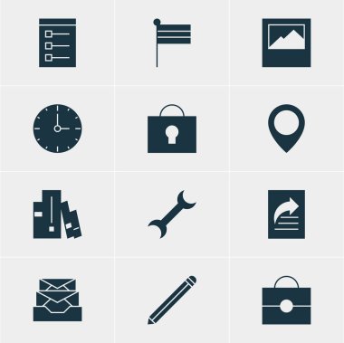 12 Web Simgeler Vektör Illustration. Belge Transfer, yönetim kurulu, anahtar deliği ve diğer öğeleri düzenlenebilir paketi.