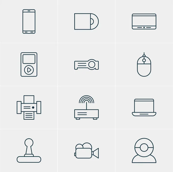 Ilustração vetorial de 12 ícones Gadget. Pacote editável de computador, filmadora, monitor e outros elementos . — Vetor de Stock