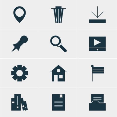 12 Internet simgeler vektör Illustration. Raptiye, harita işaretçi, harita işareti ve diğer öğeleri düzenlenebilir paketi.