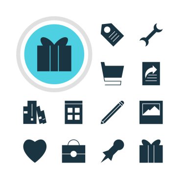 12 Online simgeler vektör Illustration. Manzara fotoğraf, tarih saat, hediye öğeleri düzenlenebilir paketi.
