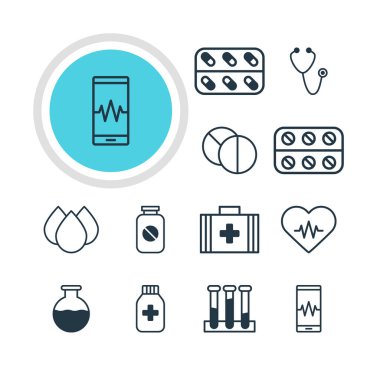 12 sağlık simgeler vektör Illustration. Tıp kavanoz, Phone Monitor, şişe ve diğer öğeleri düzenlenebilir paketi.