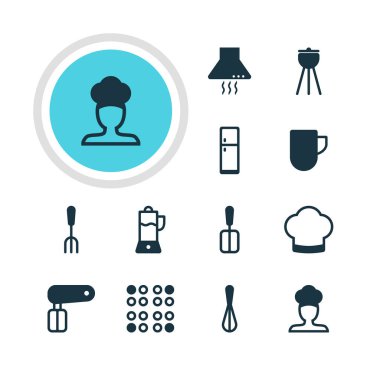 12 Restoran simgeler vektör Illustration. Düzenlenebilir paket çatal, çırpma teli, aspiratör cihazı ve diğer öğeleri.