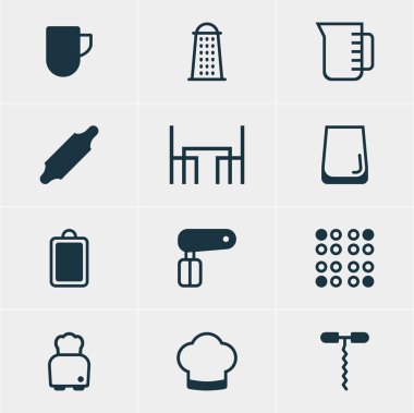 12 pişirme simgeler vektör Illustration. Yemek Masası, dilimleme makinesi, Ocak ve diğer öğeleri düzenlenebilir paketi.