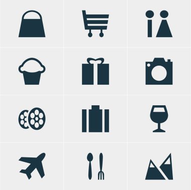 12 harita simgeler vektör Illustration. Film, tuvalet, pasta ve diğer öğeleri düzenlenebilir paketi.