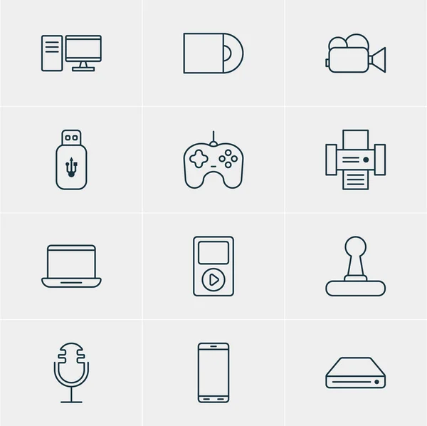 Vektorillustration av 12 hårdvara ikoner. Redigerbara Pack Joypad, dator, videokamera och andra element. — Stock vektor