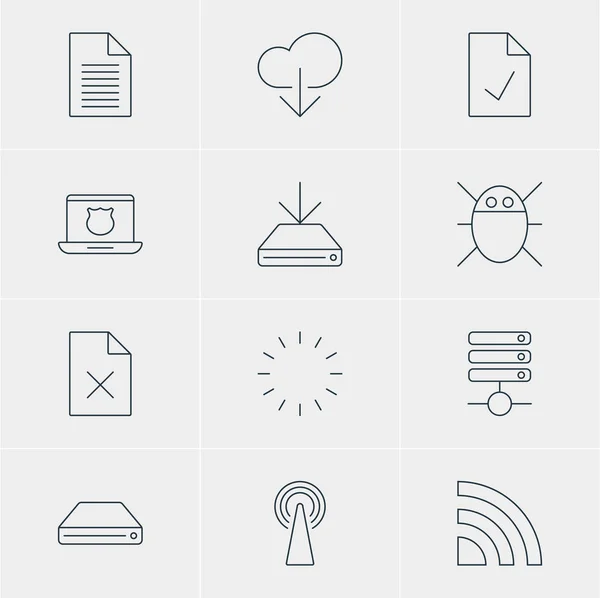 Ilustracja wektorowa 12 ikon sieci Web. Można edytować zestaw dysku twardego dysku, sprawdzone, Uwaga, usuwanie danych i innych elementów. — Wektor stockowy