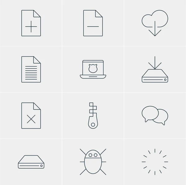 Ilustración vectorial de 12 iconos de red. Paquete editable de carga de datos, nota, adición de documentos y otros elementos . — Vector de stock