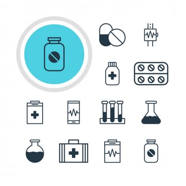 12 sağlık simgeler vektör Illustration. İlaçlar, antibiyotik, gereklilik ve diğer öğeleri düzenlenebilir paketi.